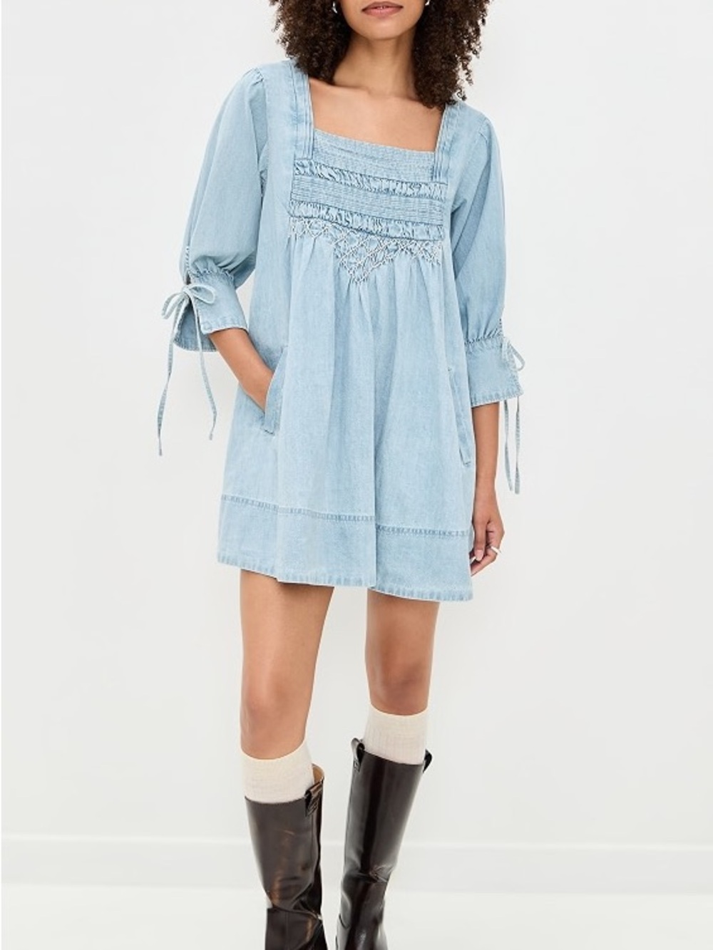 Free People Chambray Smocked Square-Neck Mini Dress